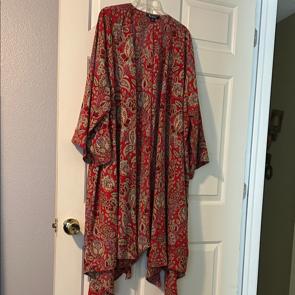 Roaman's Red Paisley Open-Front Kimono Cape